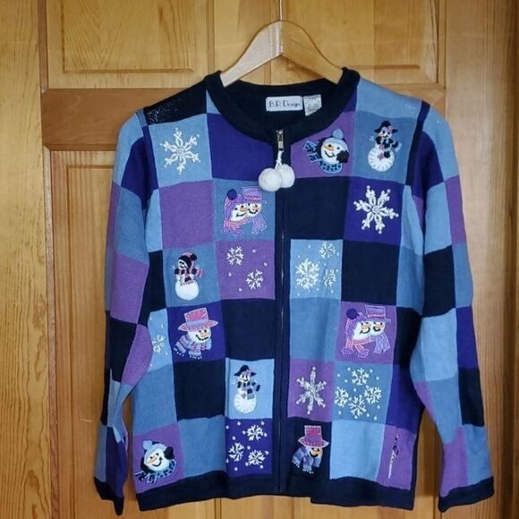 B.P. Design Sz L Blue Embellished & Embroidered Holiday Full Zip Tassel Cardigan - Picture 2 of 12